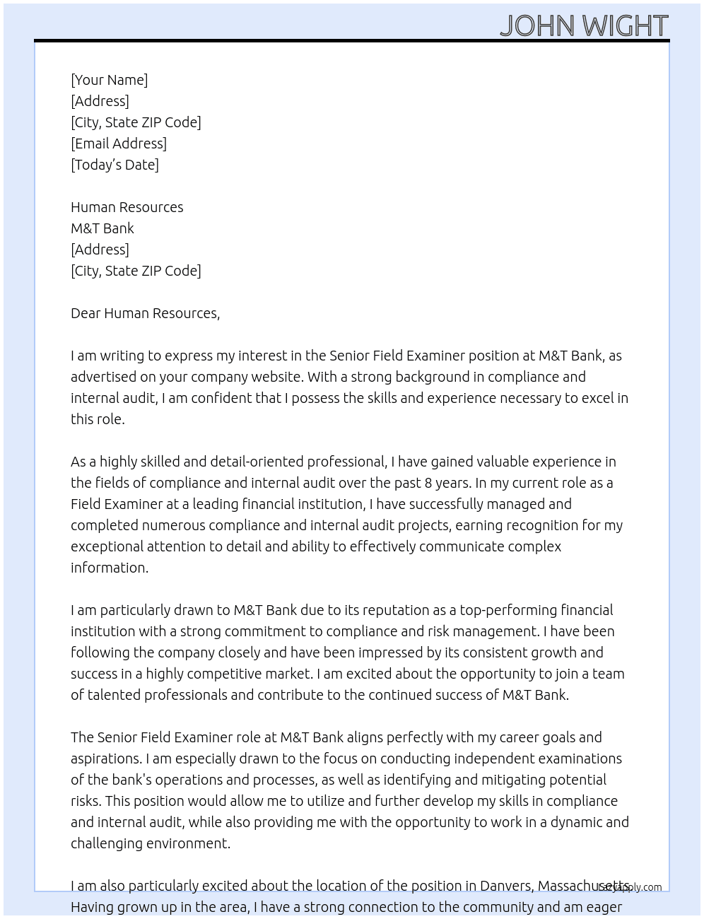 Senior Filed Examiner  At M&T Bank Cover Letter