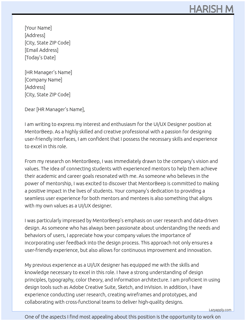 UI/UX designer  At MentorBeep Cover Letter