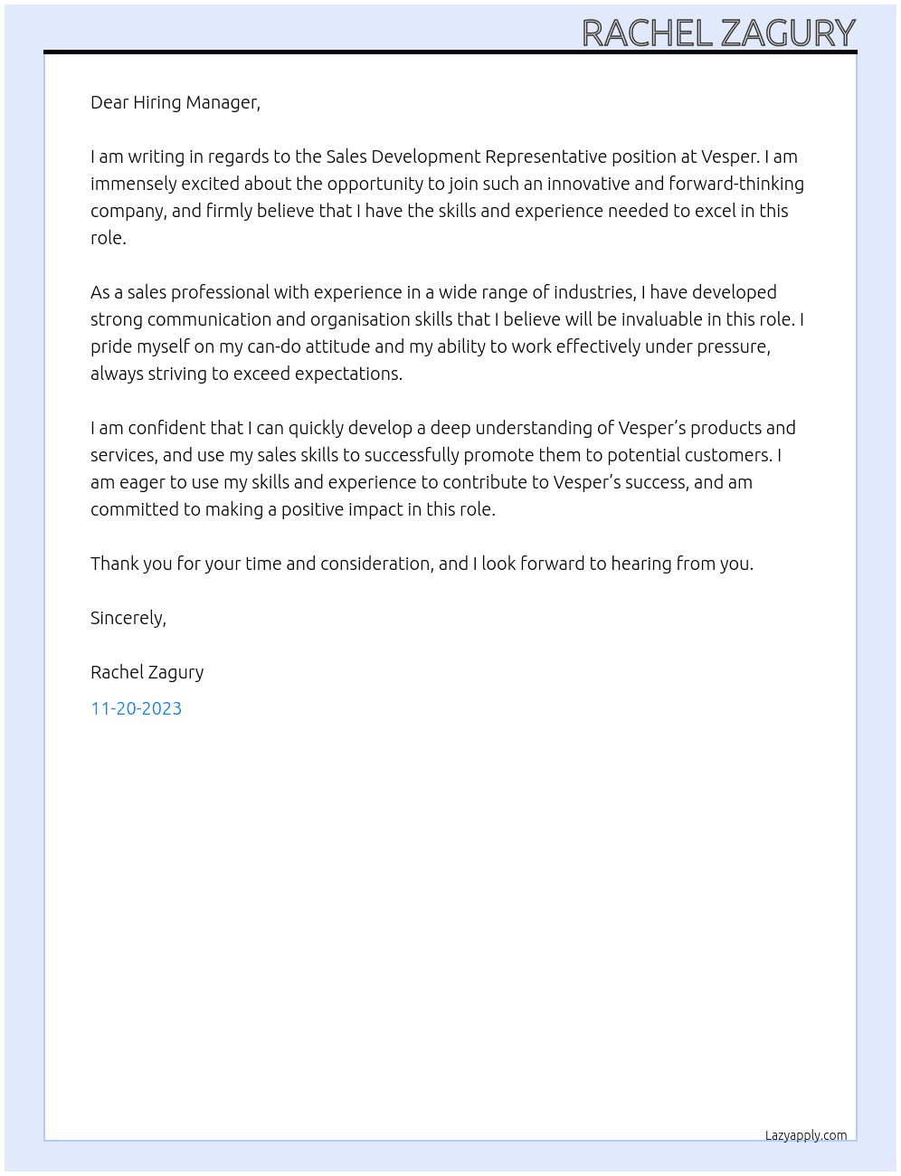 Sales Development Representative At Vesper Cover Letter