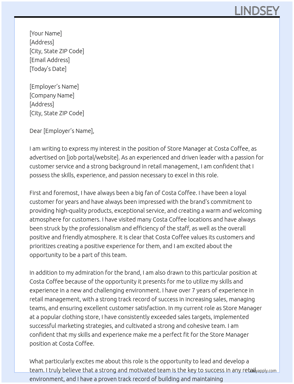 Store Manager At Costa Coffww Cover Letter