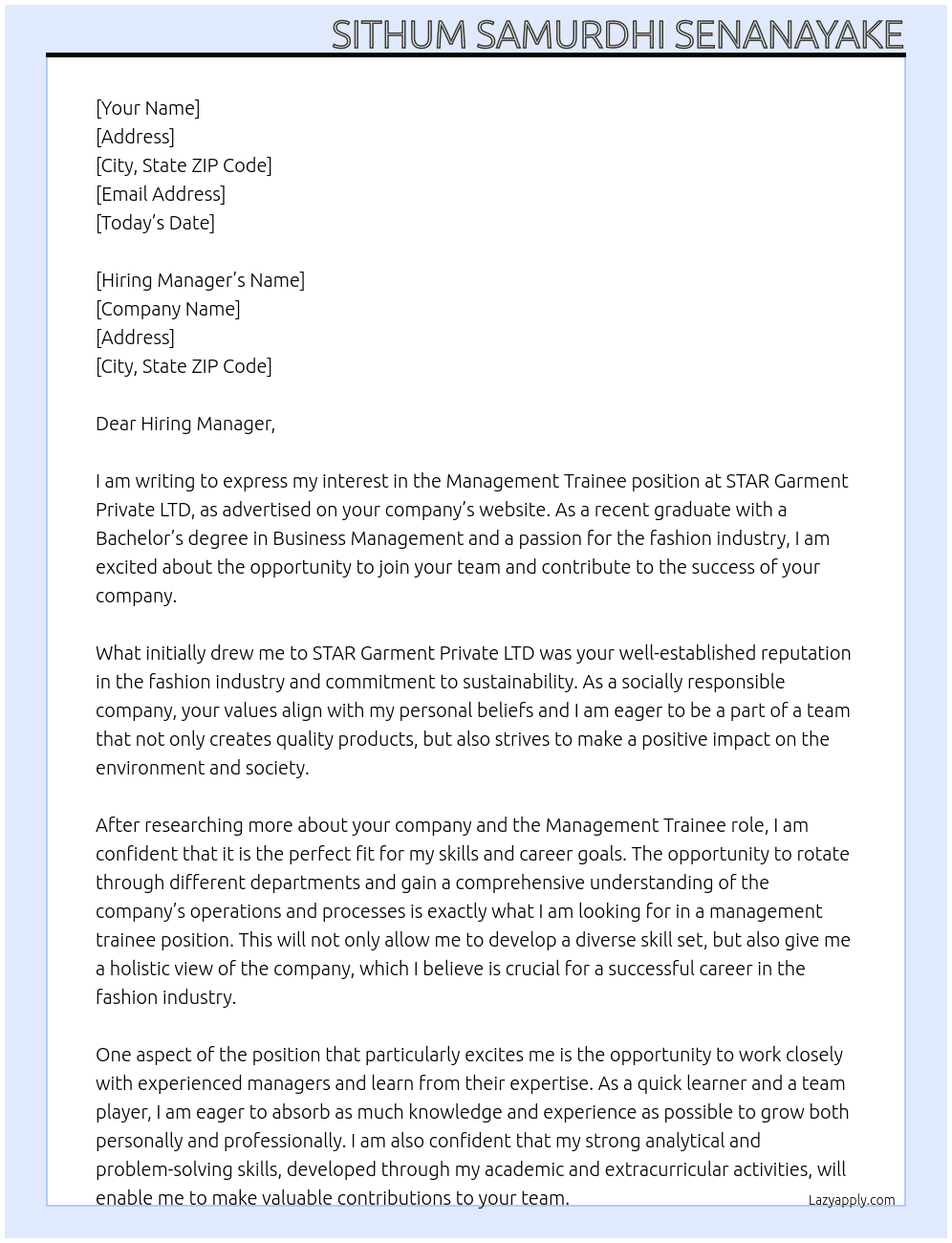 Management trainee At STAR Garment Private LTD Cover Letter