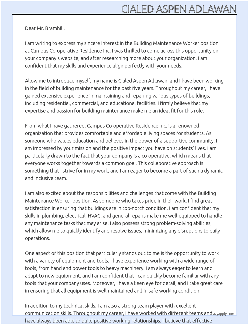 Building Maintenance Worker At Campus Co-operative Residence Inc.  Cover Letter