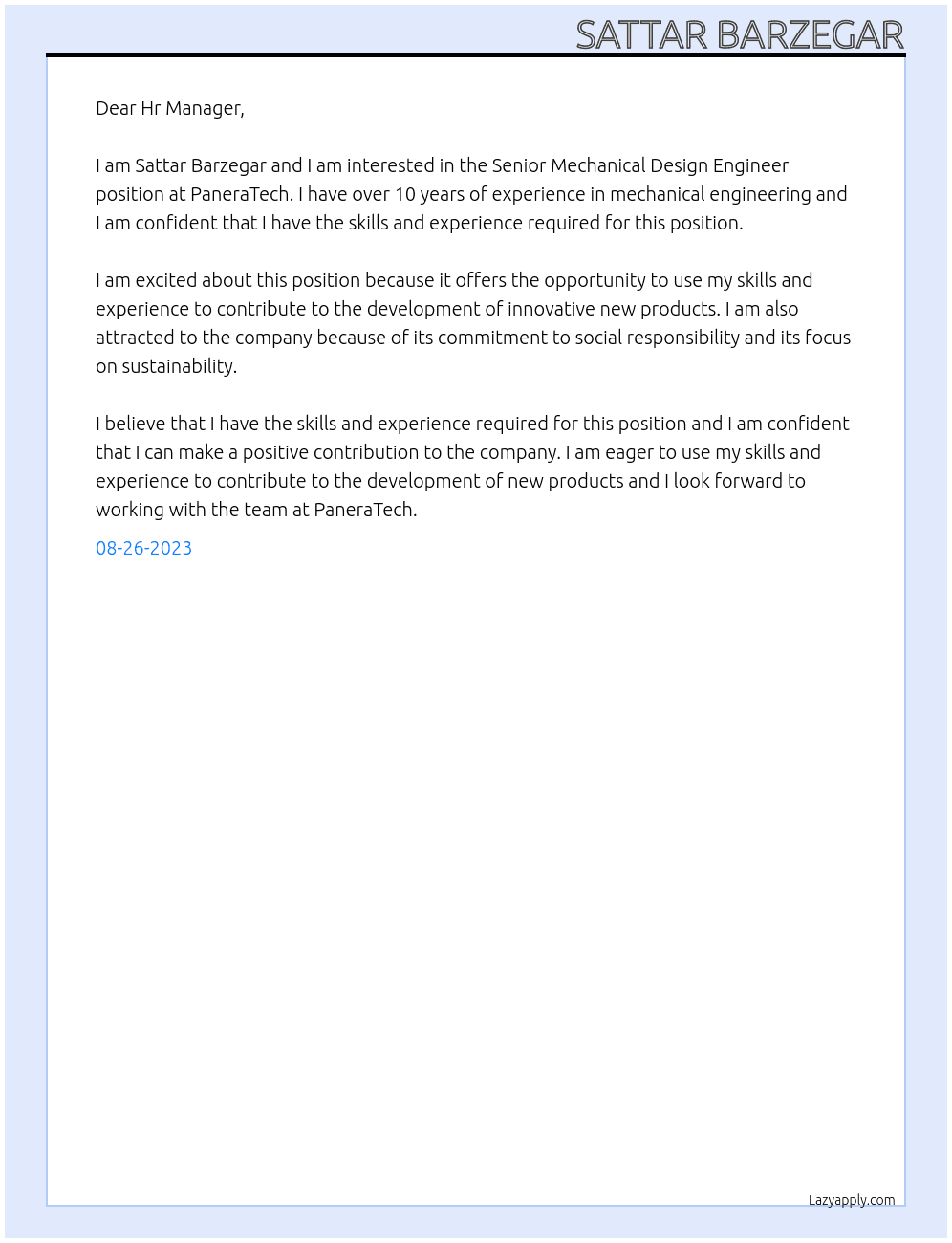 Senior Mechanical Design Engineer At PaneraTech Cover Letter
