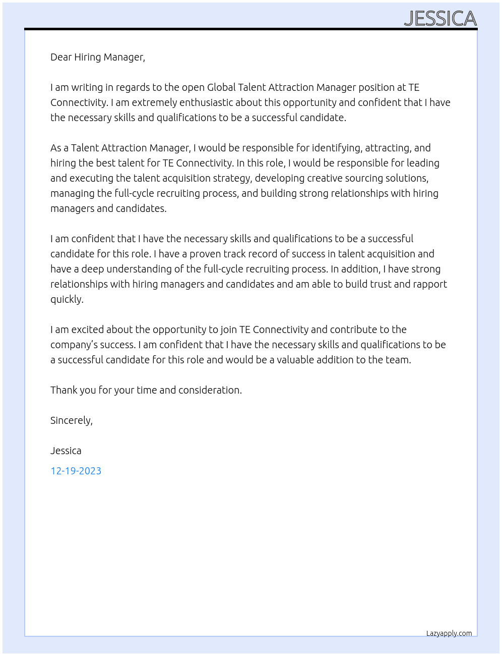 Global Talent Attraction Manager At TE Connectivity Cover Letter