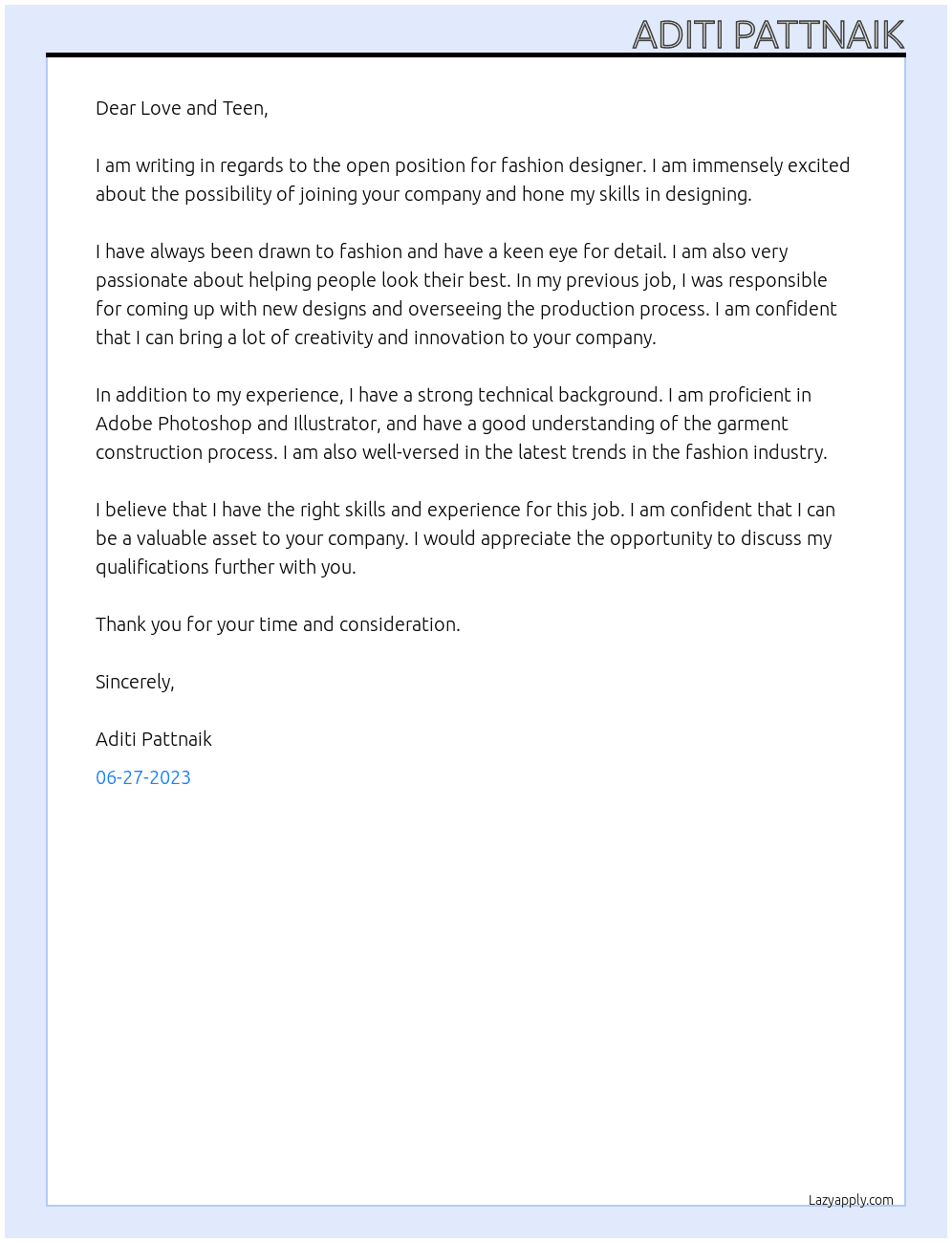 fashion designer At love and teen  Cover Letter