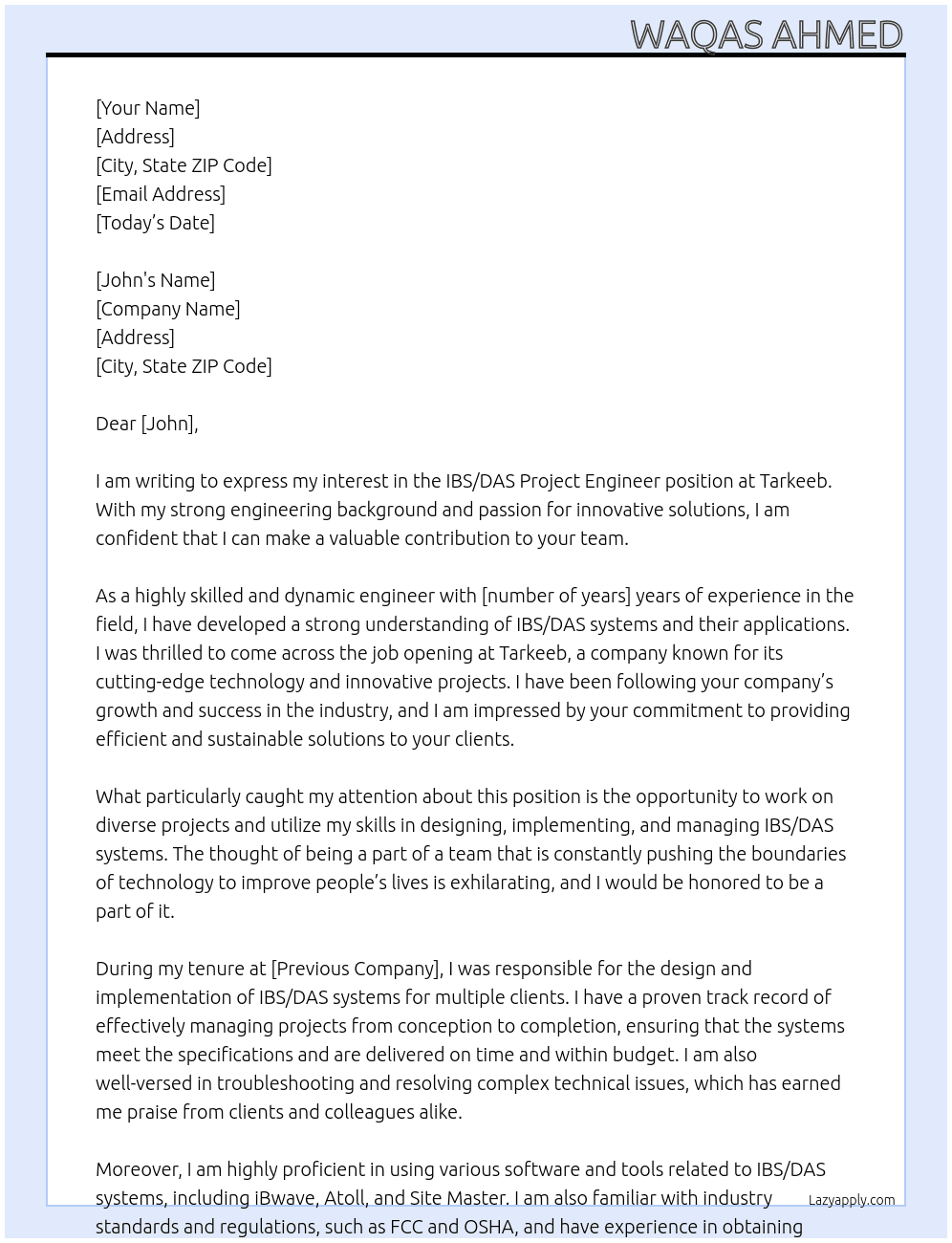 IBS/DAS project  enginner At Tarkeeb Cover Letter