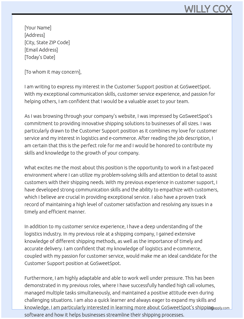 Customer Support At GoSweetSpot Cover Letter