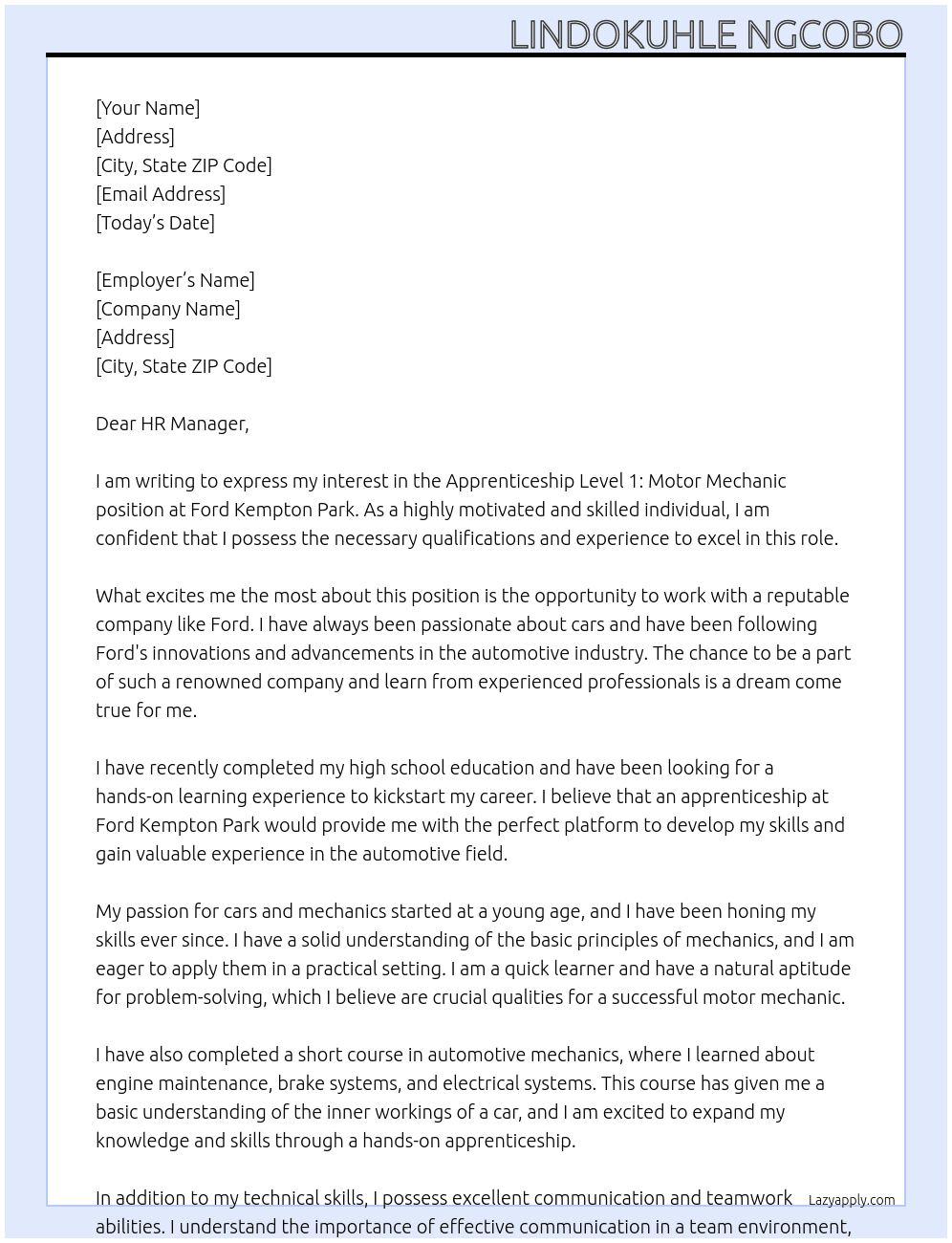 Apprenticeship Level 1: Motor Mechanic At Ford Kempton Park Cover Letter