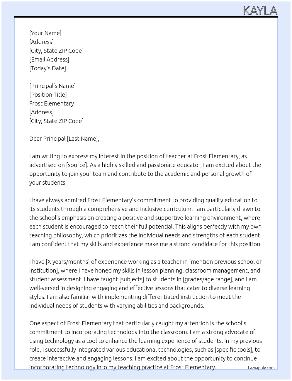 teaccher At Frost Elementary Cover Letter