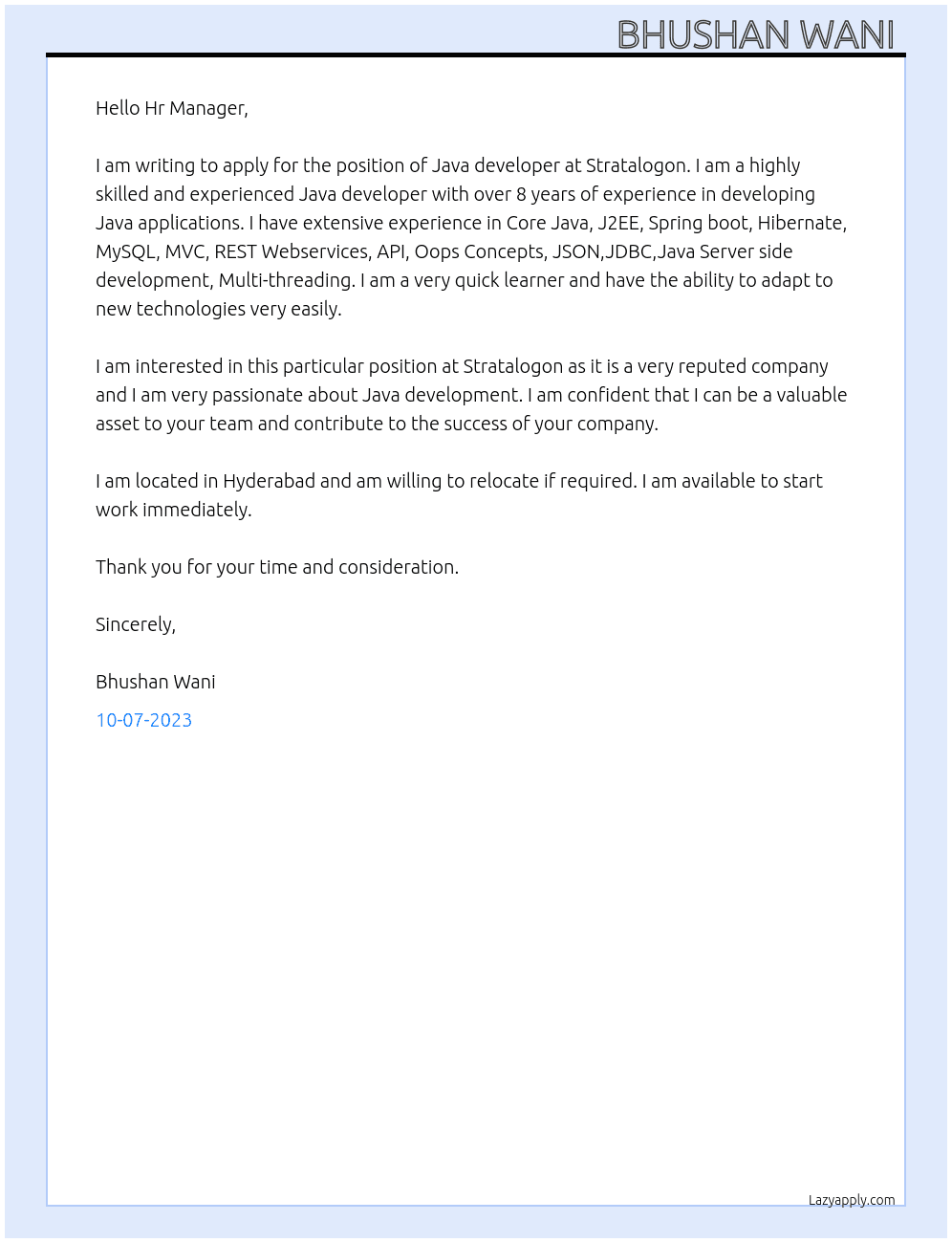 Java developer At Stratalogon Cover Letter