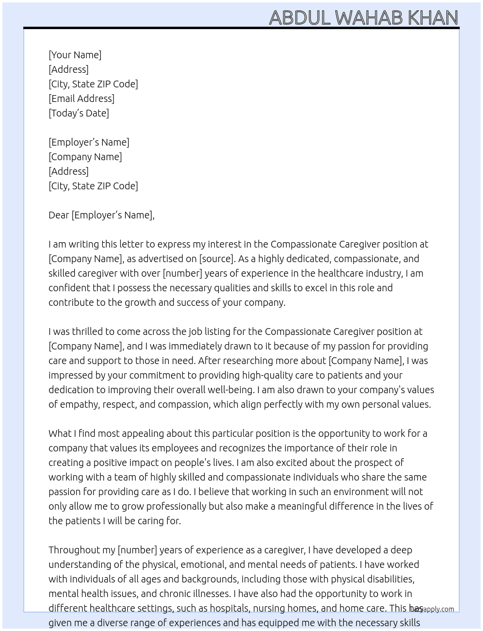 Compassionate caregiver At Awk Cover Letter