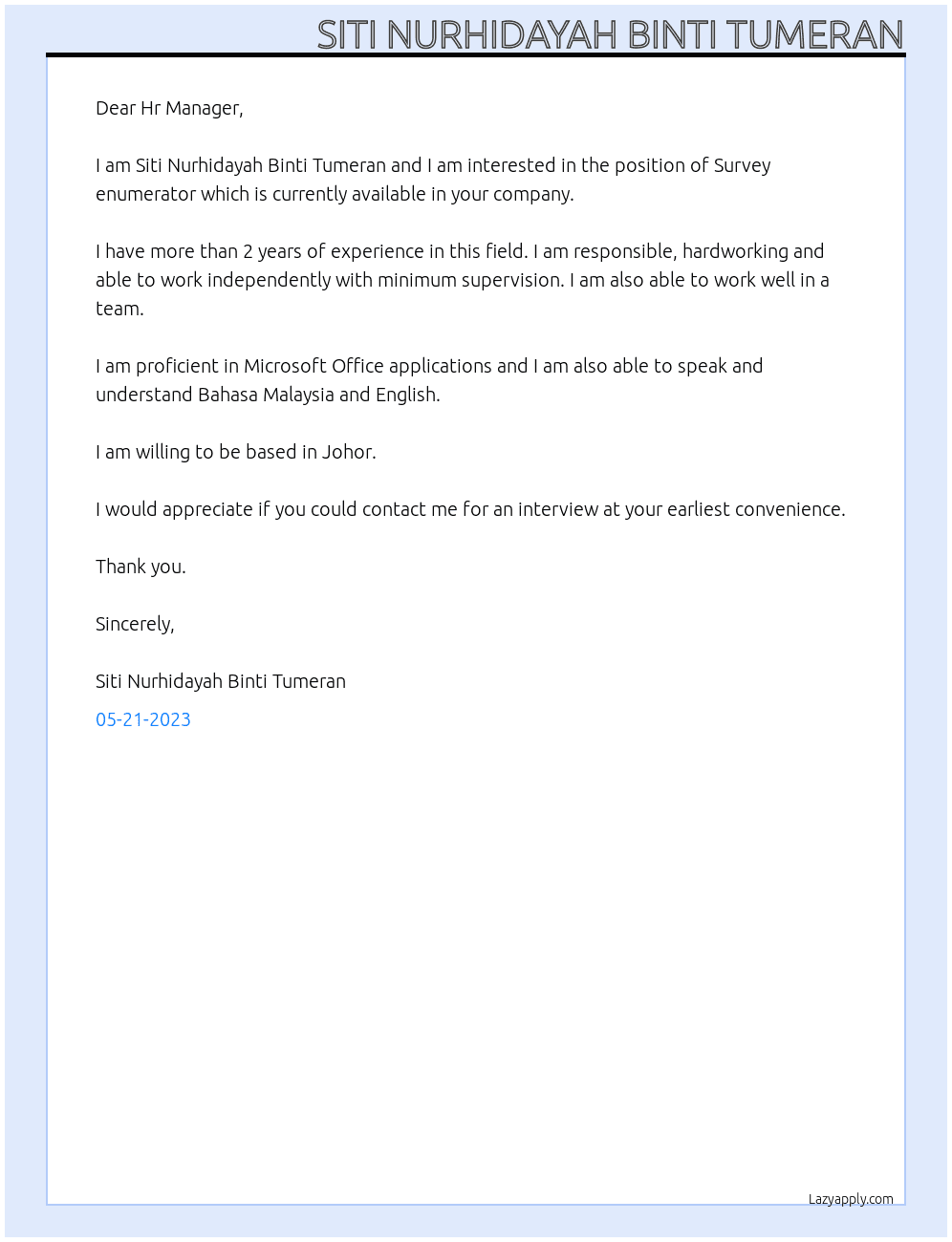 Survey enumerator At Jabatan Perangkaan Malaysia Cover Letter