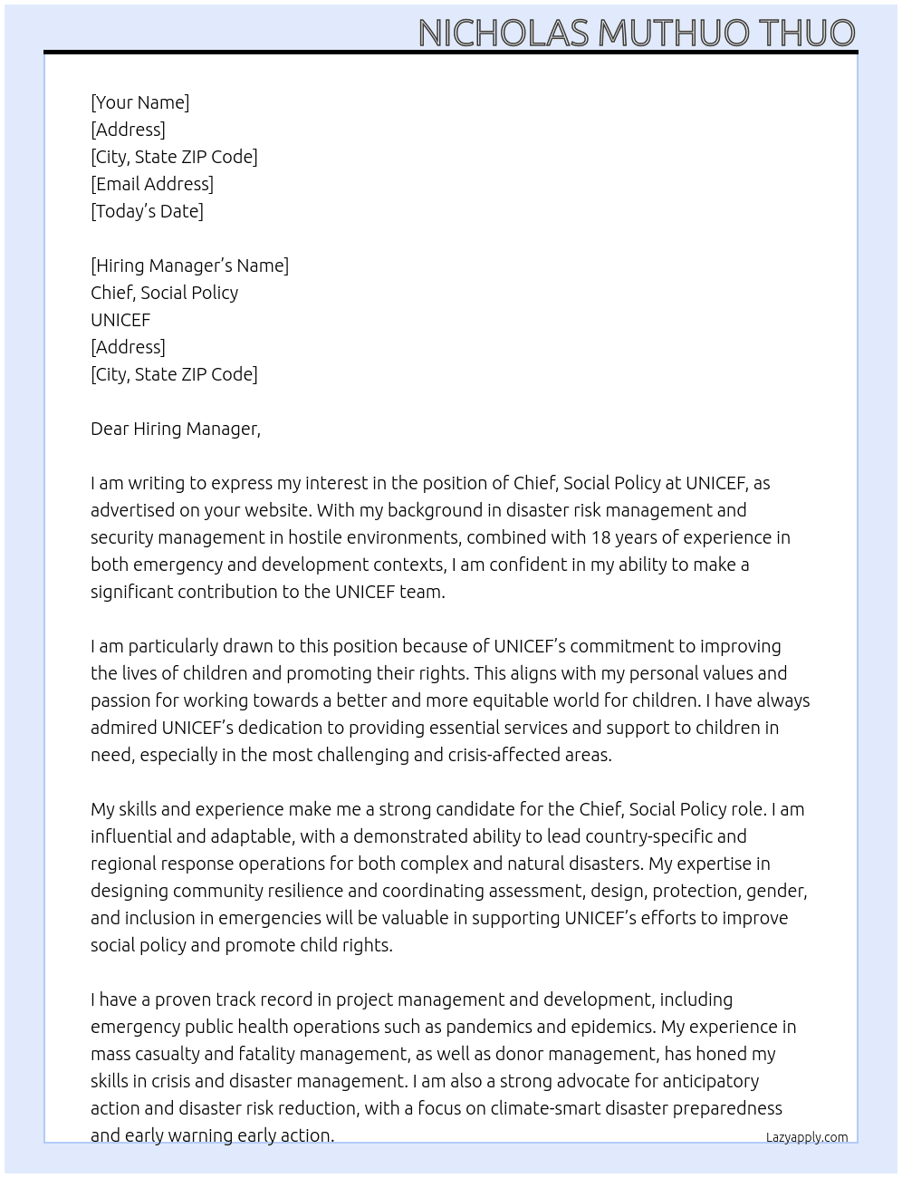 Cover letter for chief social policy - LazyApply