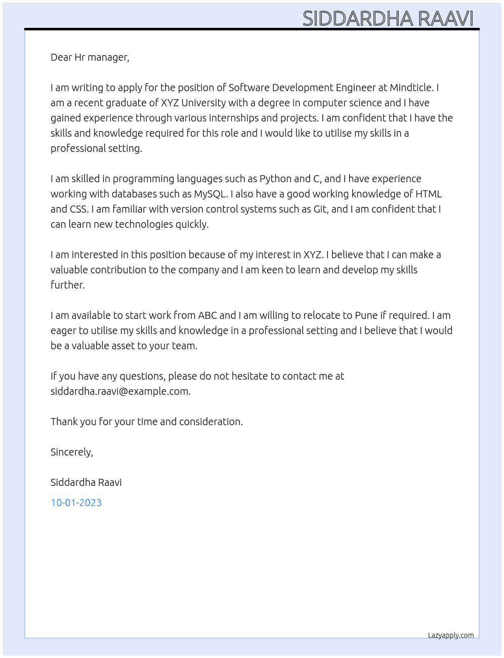 Software Development Engineer At Mindticle Cover Letter