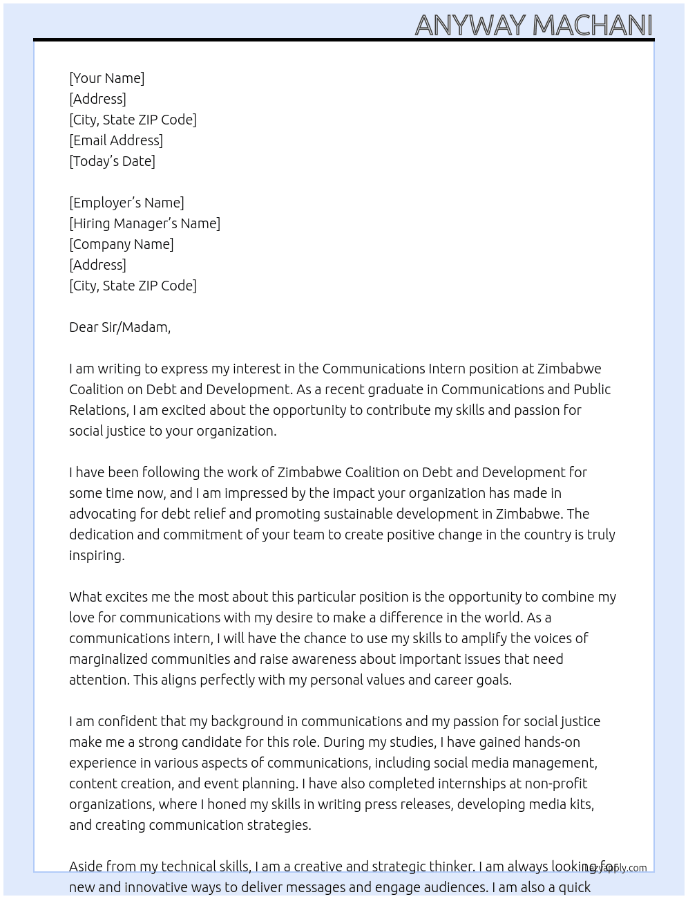 Communications Intern At Zimbabwe Coalition on Debt and Development Cover Letter