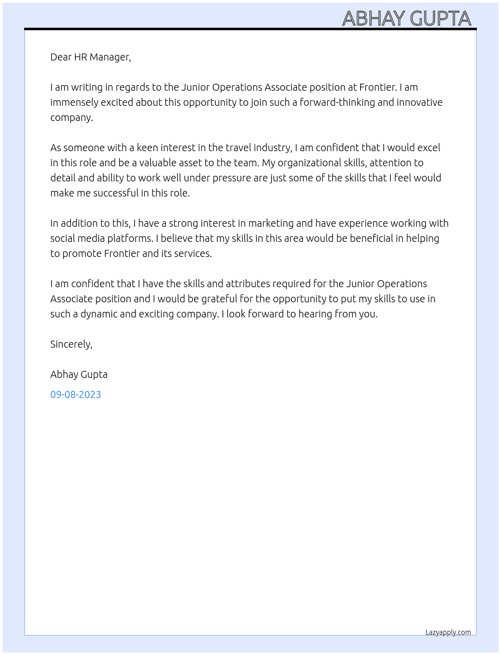 Junior Operations Associate ( Travel Industry) At Frontier  Cover Letter