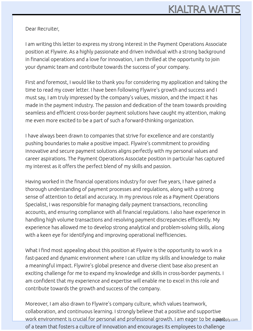Payment operations associate  At Flywire Cover Letter