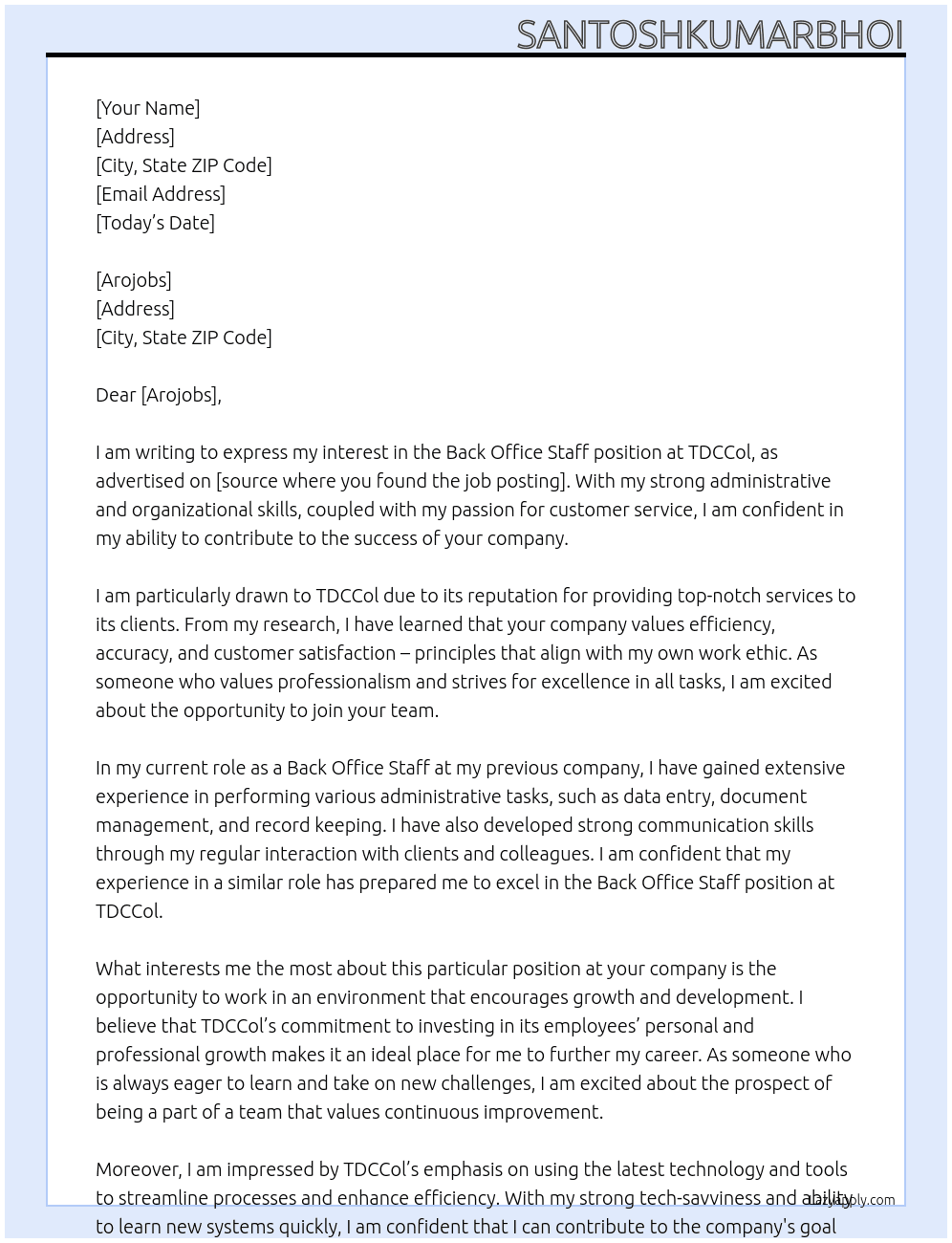 back office staff At tdccol Cover Letter