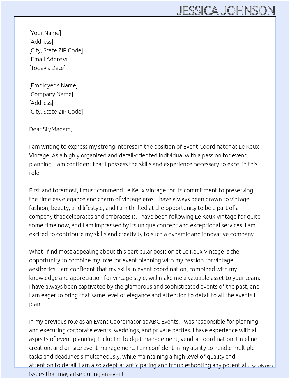 Event coordinator  At Le keux vintage  Cover Letter