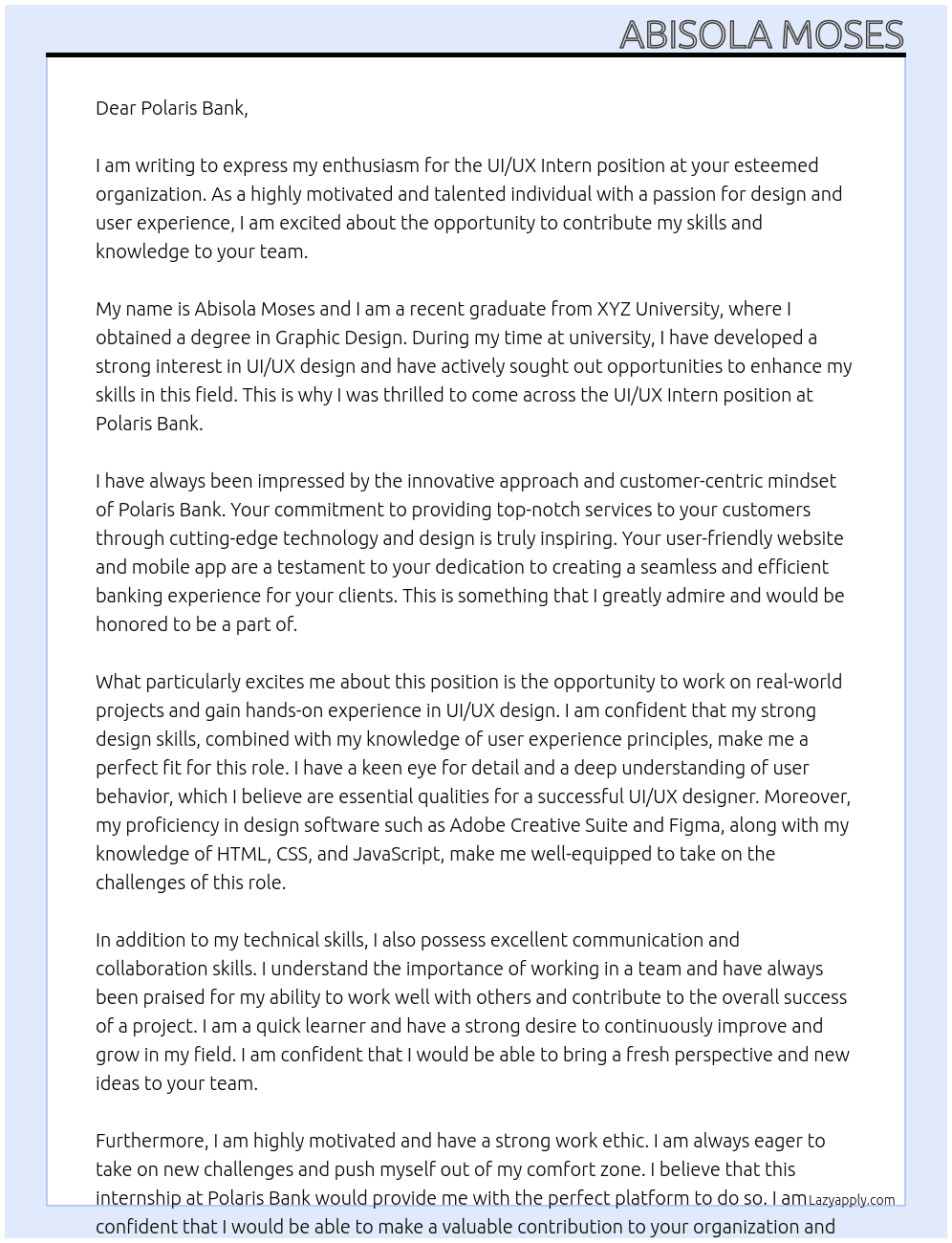 UI/UX Intern At Polaris Bank Cover Letter