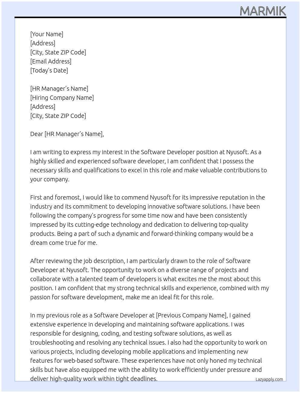 Software Developer At Nyusoft Cover Letter