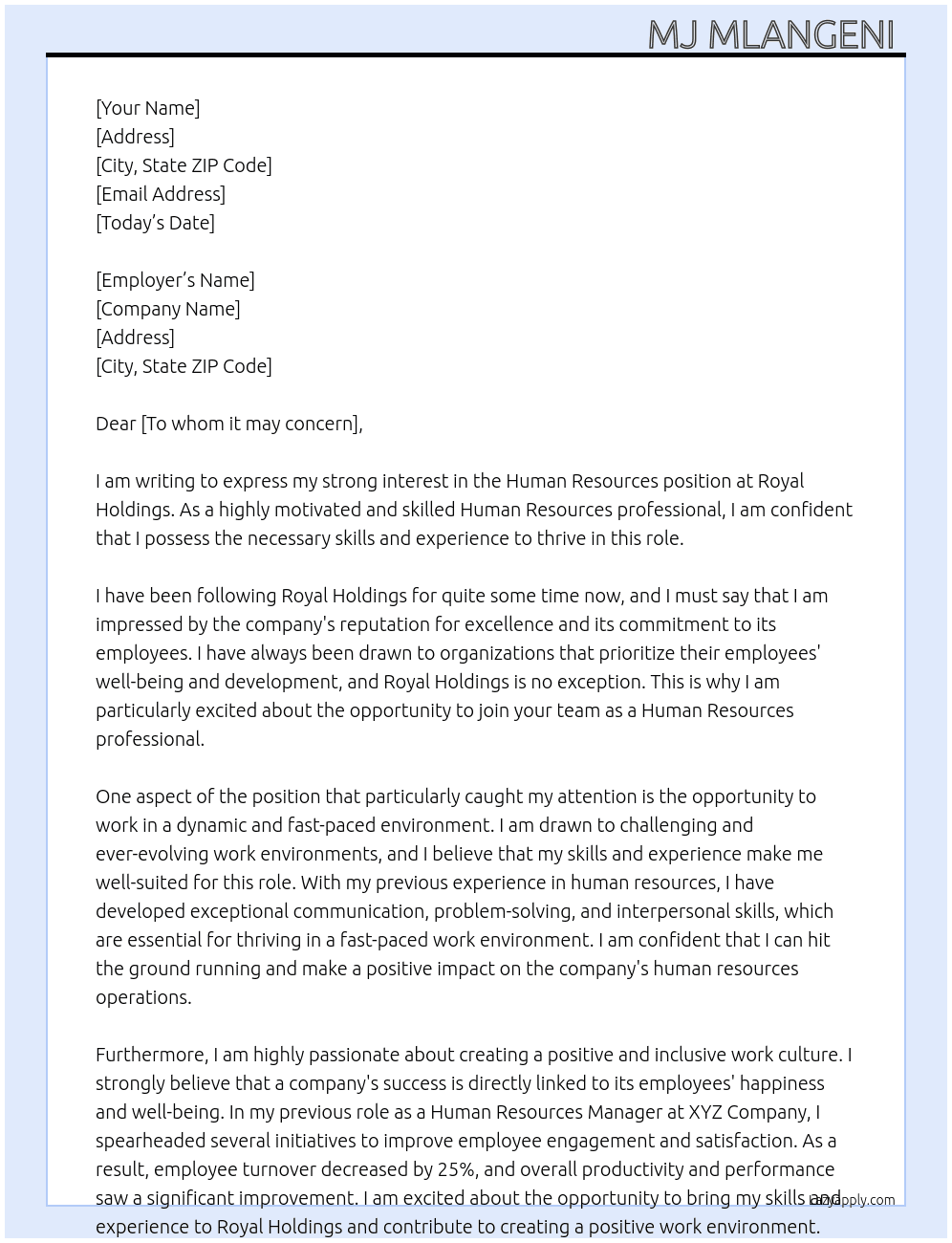 Human Resources  At Royal Holdings  Cover Letter