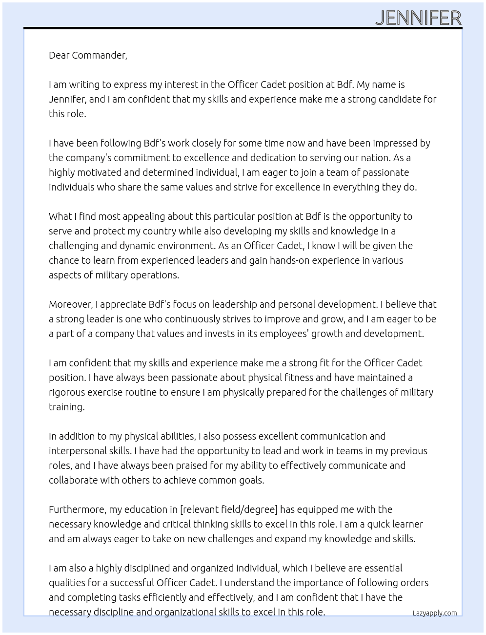 Officer cadet At Bdf Cover Letter