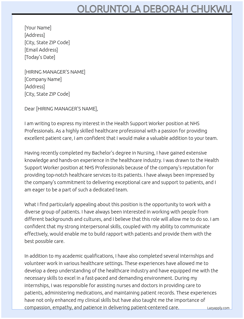 HEALTH SUPPORT WORKER At NHS PROFESSIONALS Cover Letter
