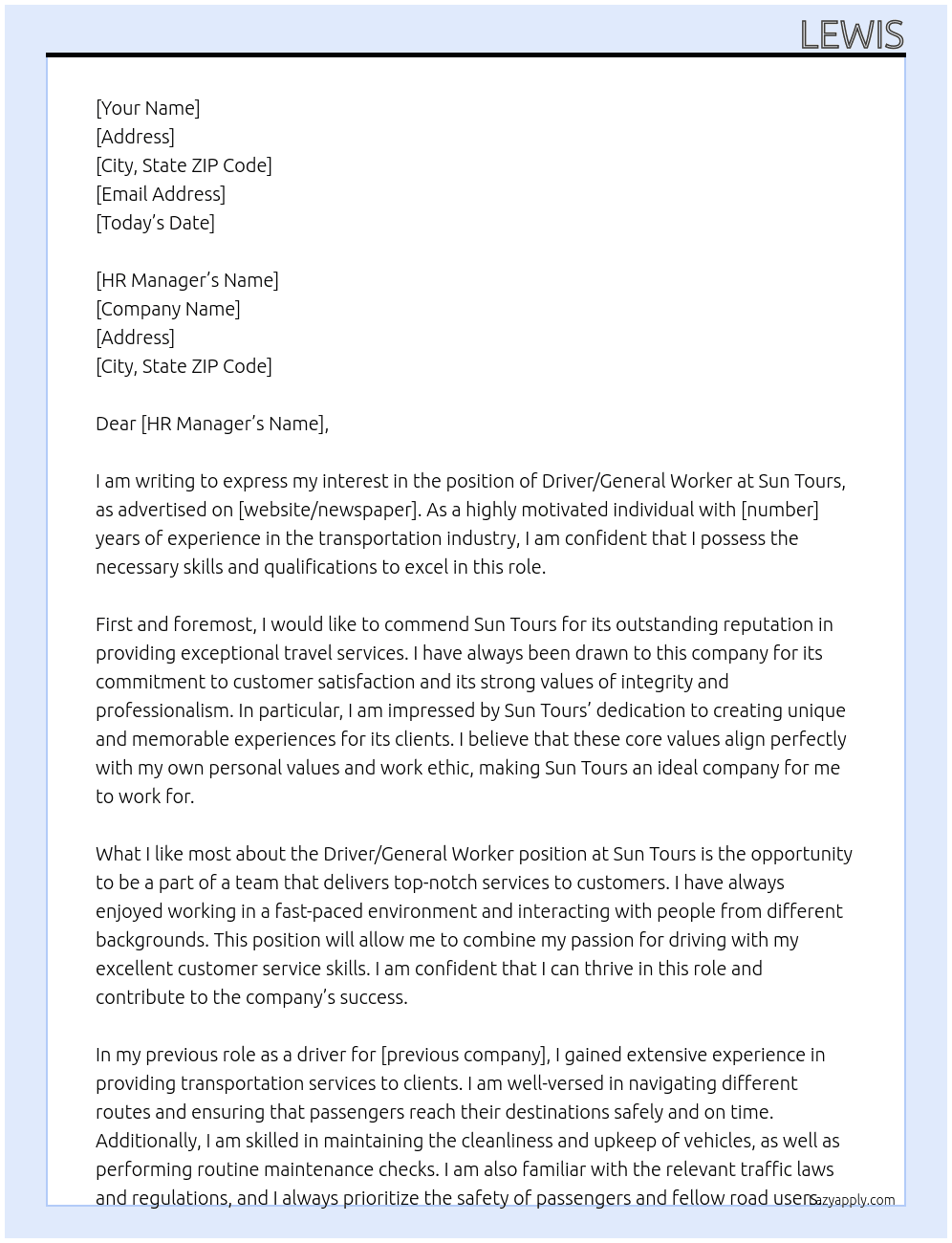 Driver/general worker At Sun tours Cover Letter