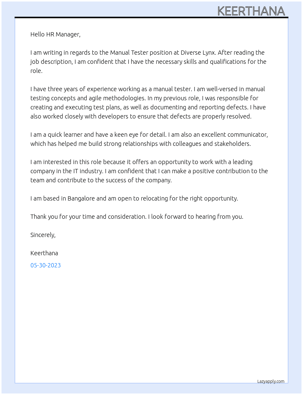 Manual tester  At Diverse Lynax Cover Letter