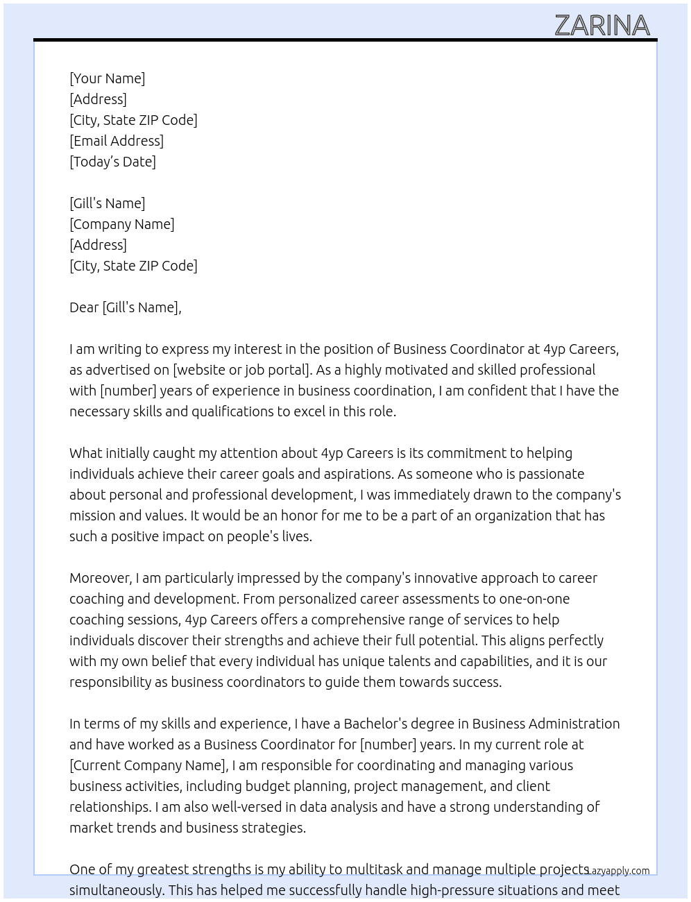 business co ordinator  At 4yp careers Cover Letter