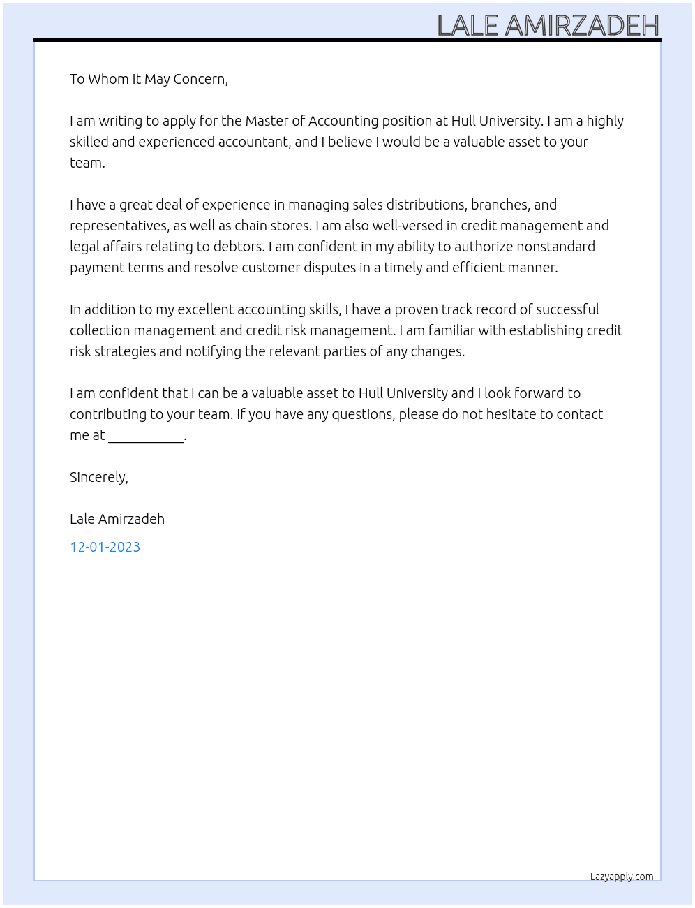 Master of Accounting At Hull University Cover Letter