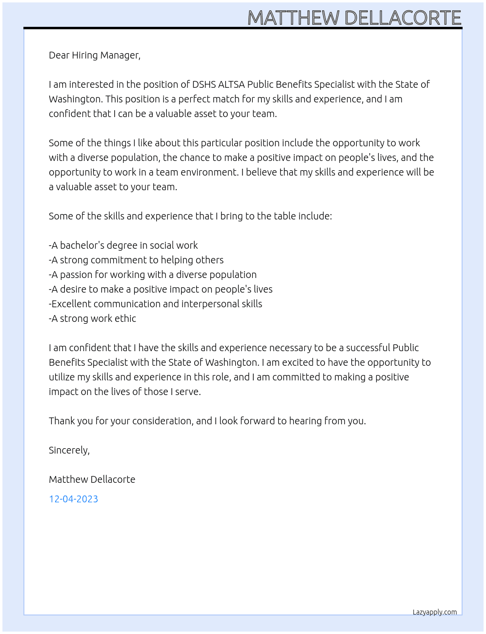 DSHS ALTSA Public Benefits Specialist At State of Washington Cover Letter