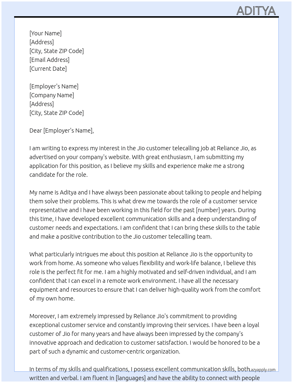 Jio customer telecalling job At Reliance jio Cover Letter