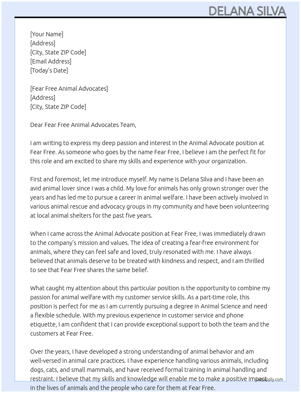 Animal Advocate At Fear Free Cover Letter