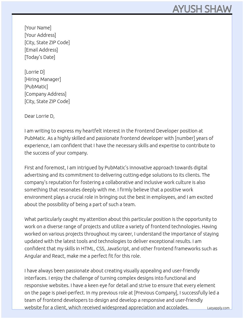 Frontend Developer At PubMatic Cover Letter
