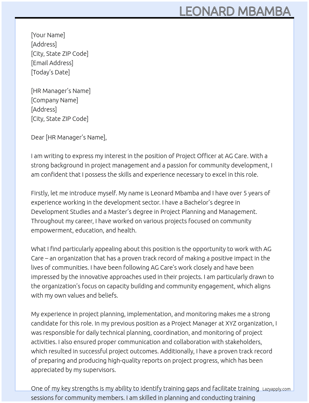Project Officer  At AG Care Cover Letter