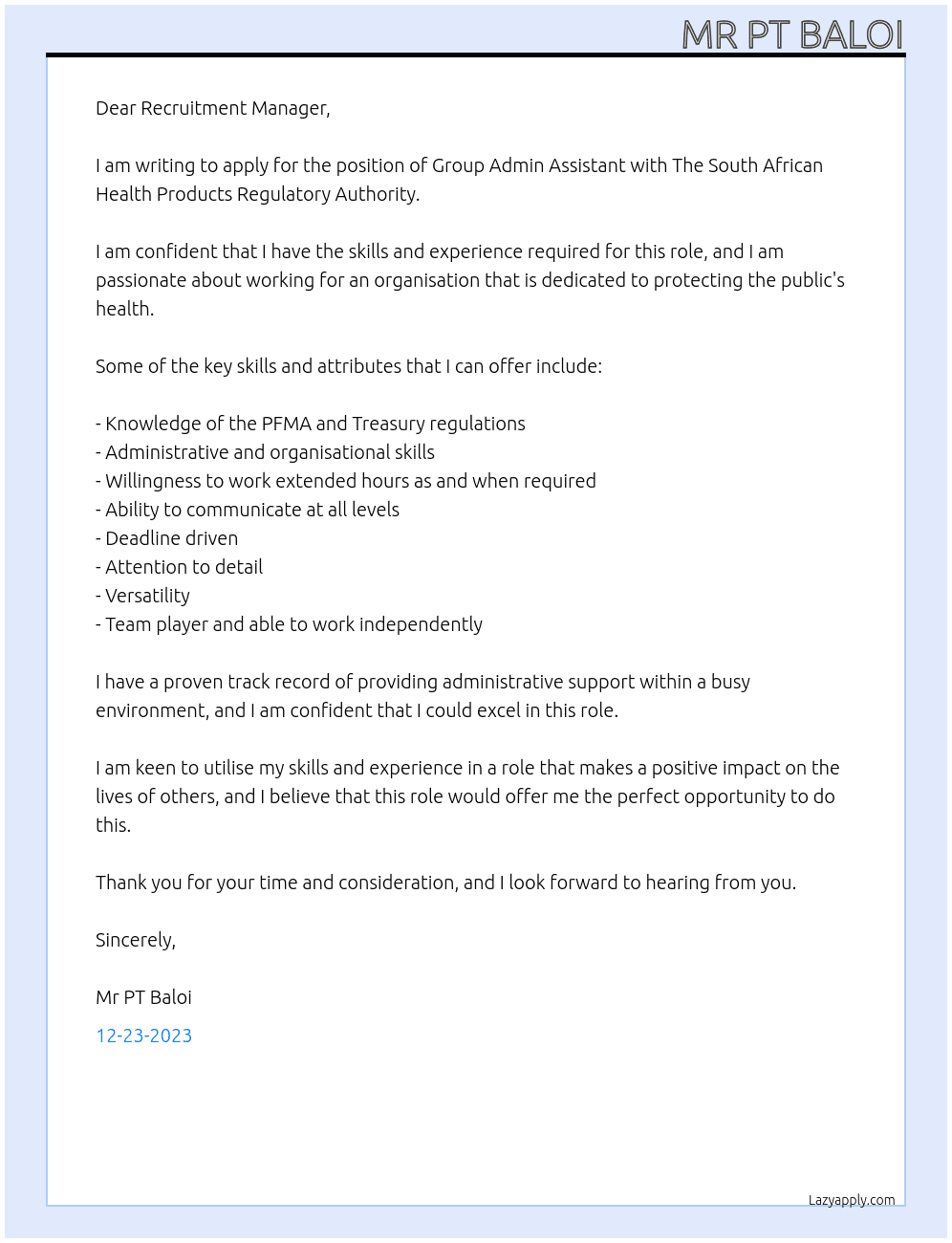 Group Admin Assistant At The South African Health Products Regulatory Authority Cover Letter