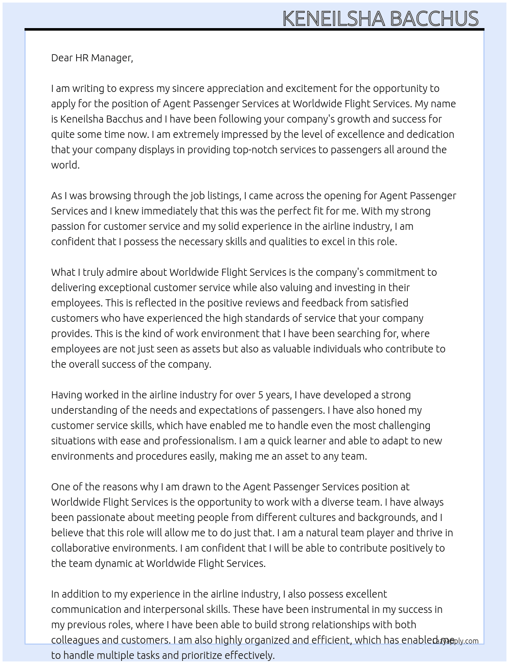 agent passenger services At worldwide flight services Cover Letter