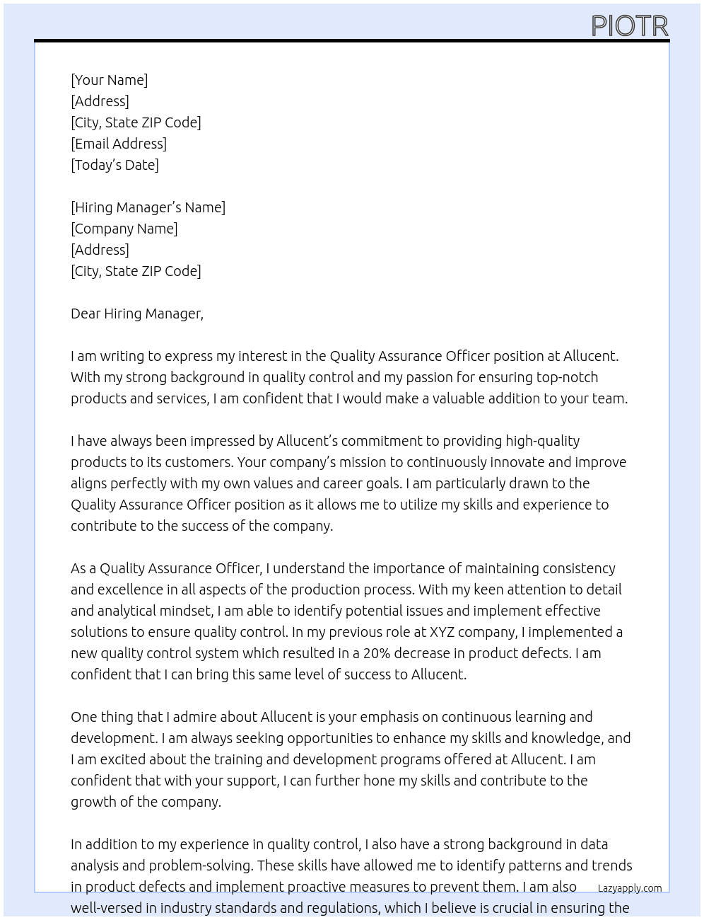 Quality Assurance Officer At Allucent Cover Letter