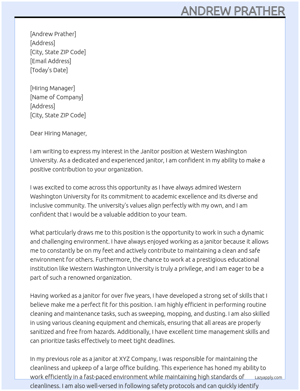 Janitor At Western Washington University  Cover Letter
