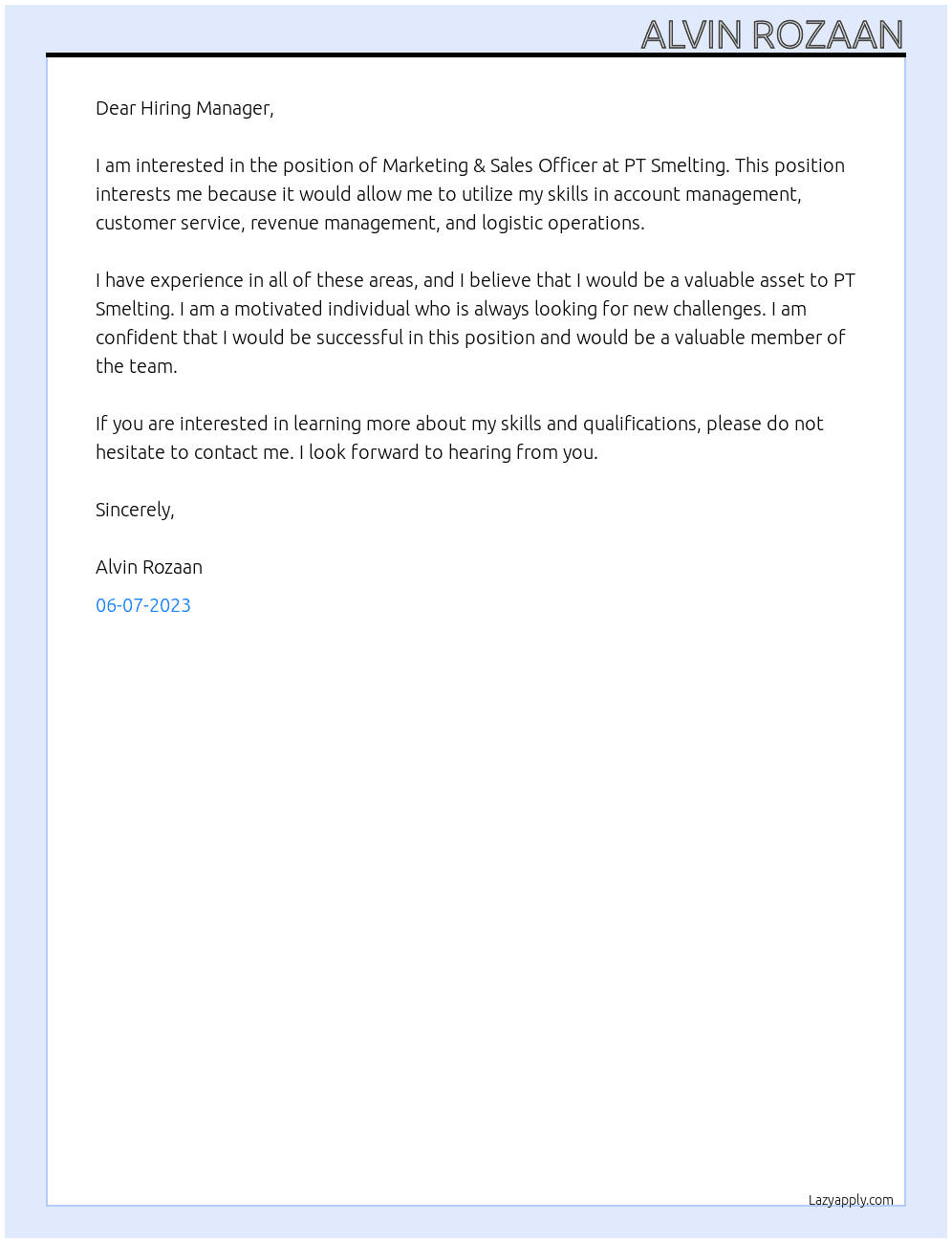 Marketing & Sales Officer At PT Smelting Cover Letter