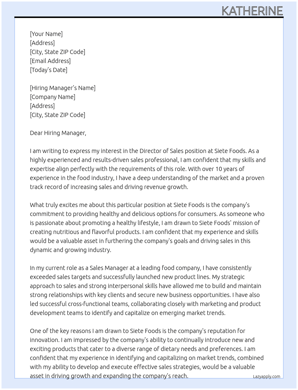 Director of Sales  At Siete Foods Cover Letter