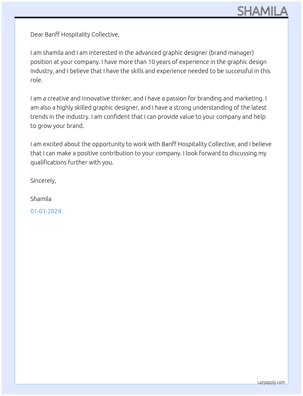 Advanced Graphic Designer (Brand Manager) At Banff Hospitality Collective Cover Letter