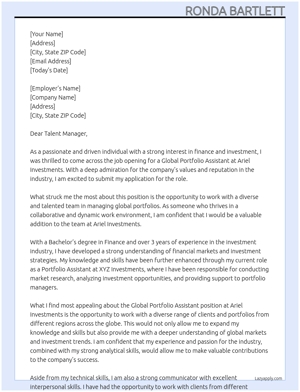 Global Portfolio Assistant At Ariel Investments Cover Letter