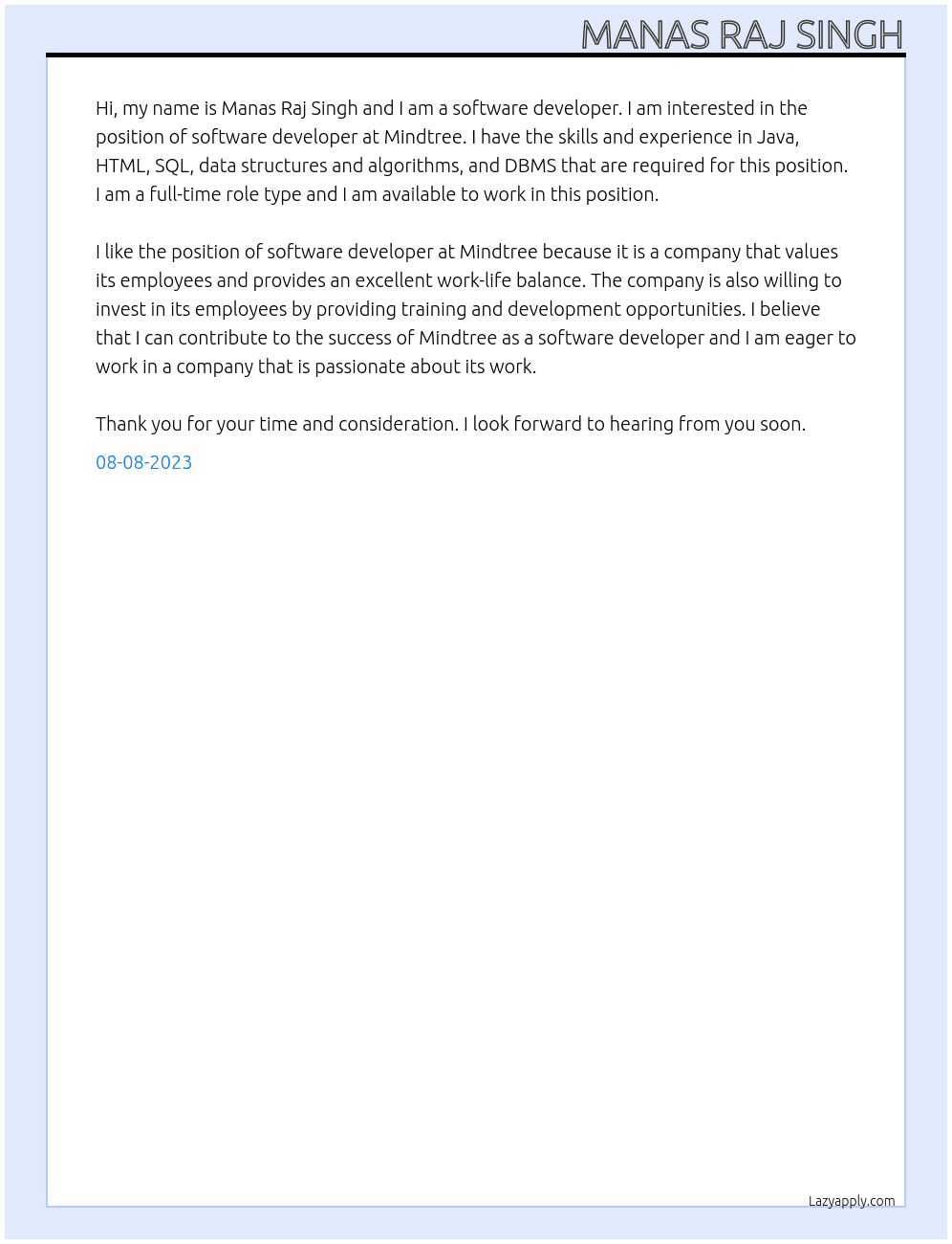 software developer At mindtree Cover Letter