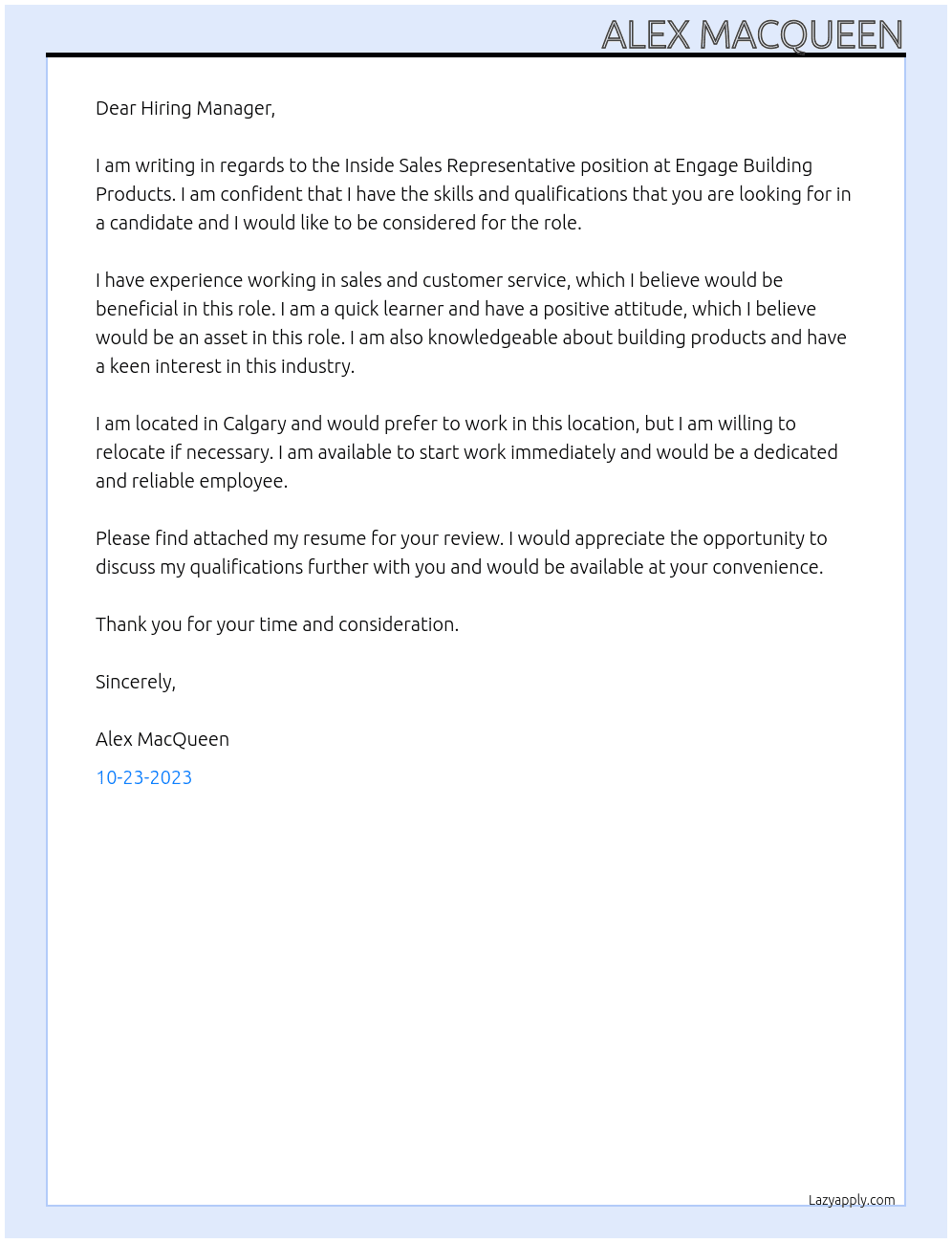 Inside Sales Representative  At Engage Building Products  Cover Letter