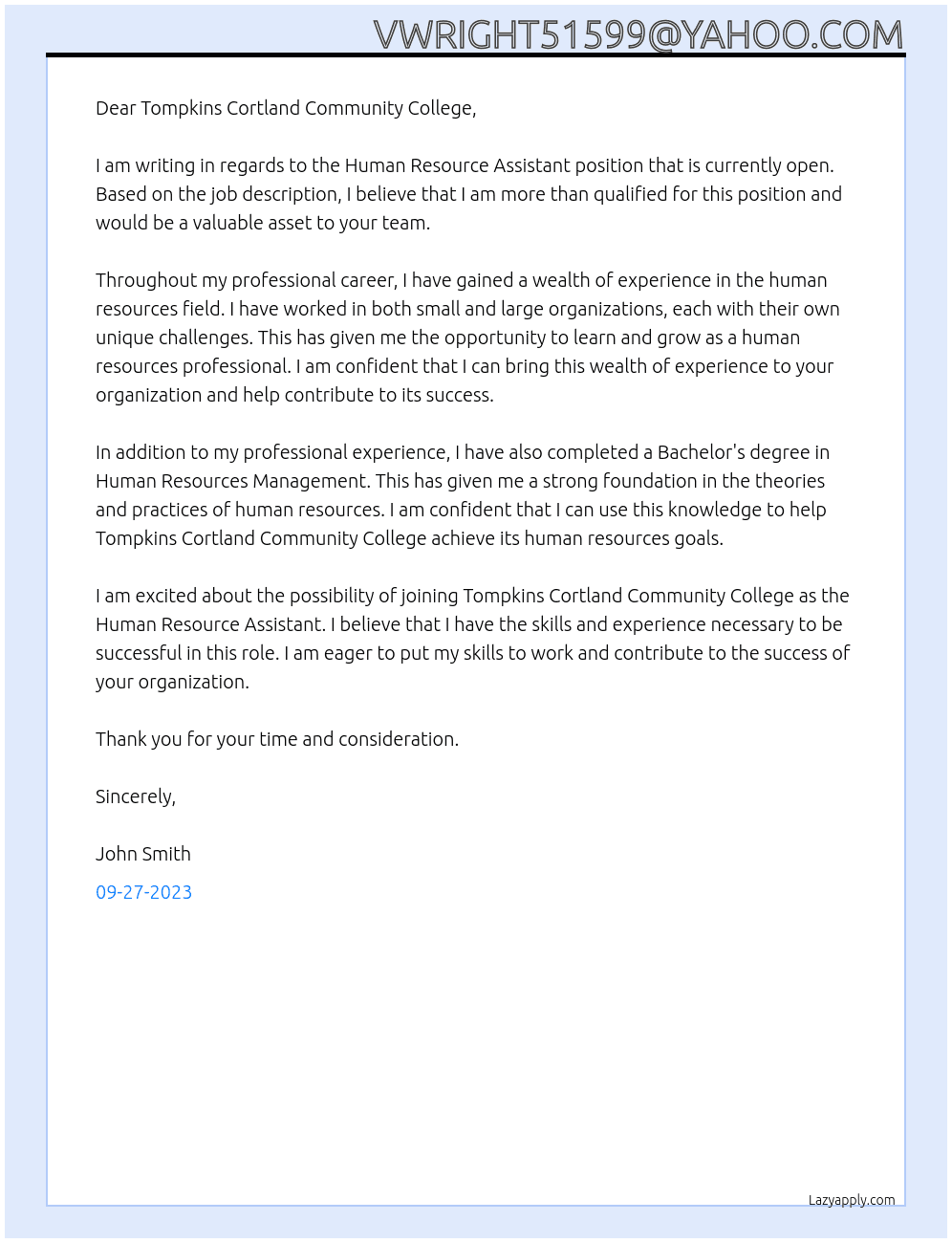 Human Resource Assistant At Tompkins Cortland Community College Cover Letter