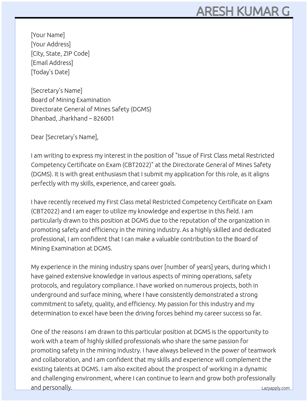 Issue of First Class metal Restricted Competency Certificate on Exam (CBT2022) At Secretary, Board of Mining Examination, DGMS , Dhanbad Cover Letter