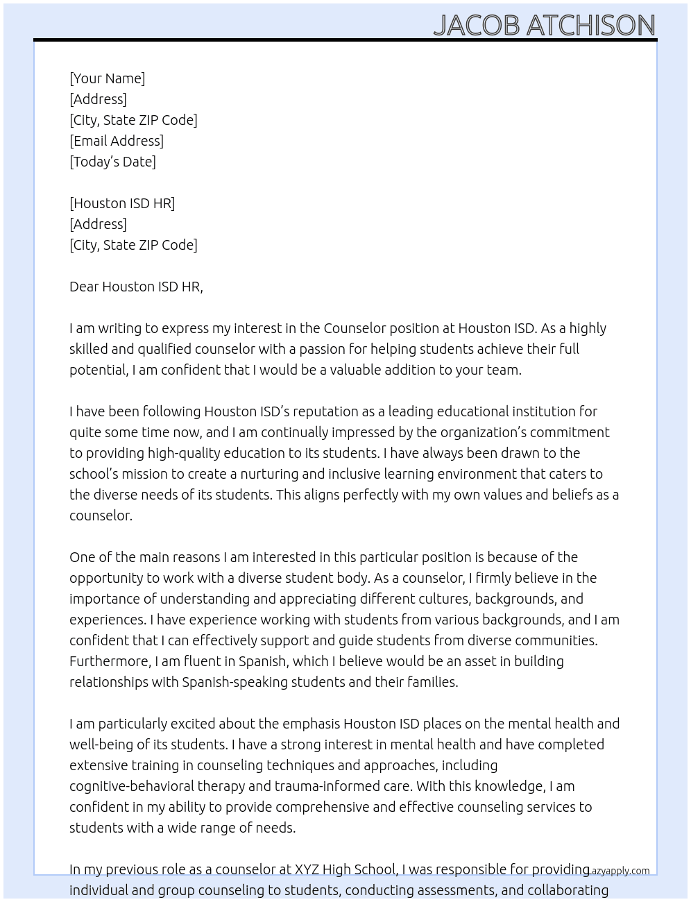 Counselor At Houston ISD Cover Letter